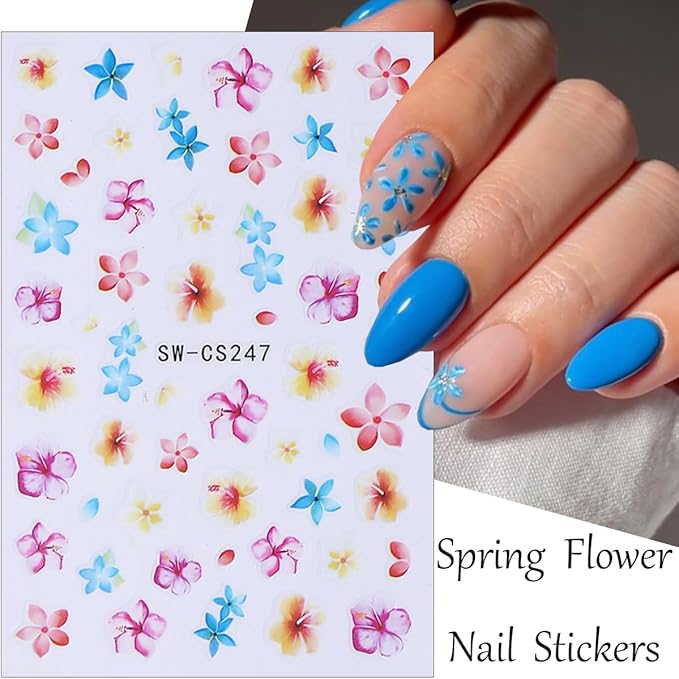 6Sheets Flower Nail Stickers Retro Style Floral Nail Art Stickers Spring Summer Nails Decals Cherry Blossom Kapok Daisy Nails Design Supplies Colorful Flower Sticker for Women Acrylic Manicure Decor