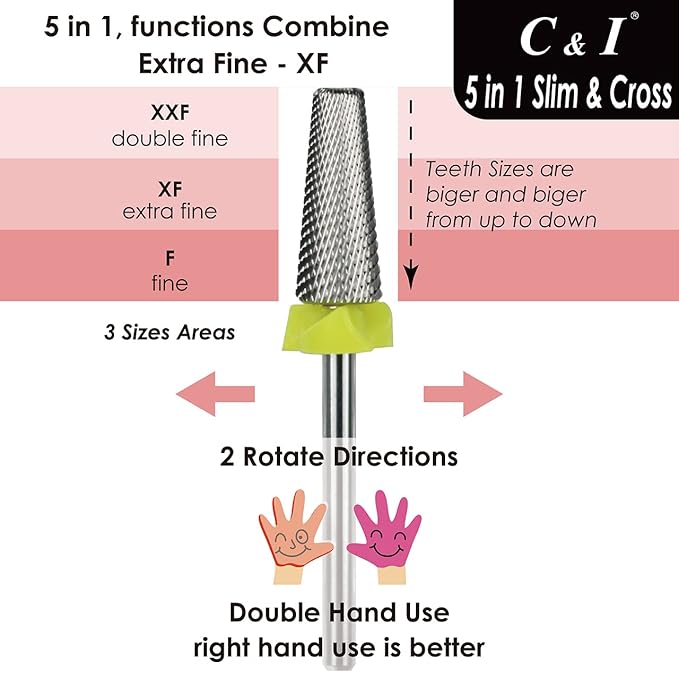 C & I 5 in 1 Nail Drill Bit, Cross & Slim Edition, Professional Nail Drills for Electric Manicure Drill Machine (Extra Fine -XF)