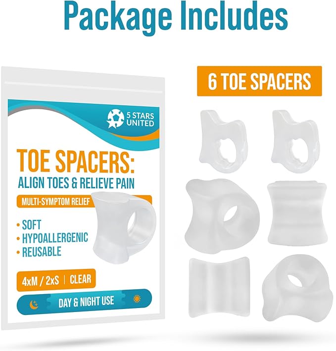 5 STARS UNITED Toe Spacers for Men & Women โ 4 Big and 2 Pinky Gel Separators for Overlapping & Curled Toes, Bunions, Alignment - Diabetic Foot Care, Silicone Spreader, Corrector & Straightener, Clear