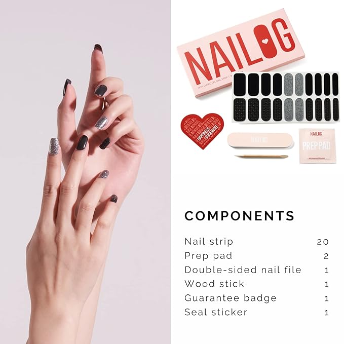 NAILOG Semi Cured Gel Nail Strips (20 Extra Long Stickers/Wraps) | Buy 2 Get 1 UV Lamp| Glossy & Long Lasting Soft Gel Finishing, Black Pearl