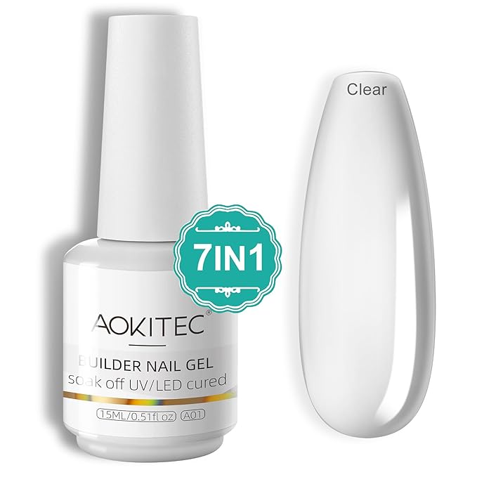 Aokitec Builder Nail Gel, 15ml Clear Gel Builder for Nails 7-in-1 Nail Extension Gel in Bottle Hard Gel for Nail Strengthen & Repair Adheasive Rhinestones Nail Art Design for Nail Salon Home DIY Gift