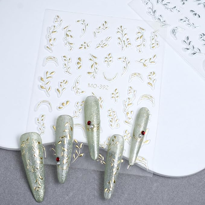 Fall Leaf Nail Decals 2 Sheets Embossed Leaves Stickers Gold Silver Leaf Nail Art Supplies Thanksgiving Decoration for Women Girls