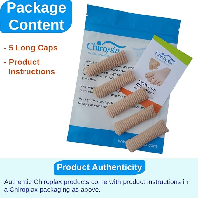 Chiroplax Toe Caps Sleeves Cushions Protectors Tubes Fabric & Gel Lining Finger Toe Separator for Bunion, Hammer Toe, Callus, Corn, Blister (Small, 5 Pack)