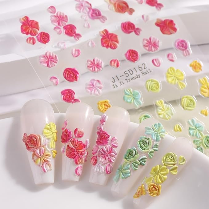 Blue Flowers Stickers for Nails 5D Embossed Flower Nail Stickers Lily Hibiscus Cherry Blossom Rose Floral Nail Decals Self Adhesive Nail Wraps Spring Summer Nails Pegatinas para Uñas 5 Sheet