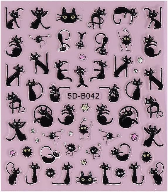 2Pcs Halloween Nail Stickers Blcak Cat Decals for Nail Art Scare Cat Nail Art Deign 5D Embossed Funny Cute Cats Nails Supplies Cat's Paw Nails Acrylic Accessories for Women DIY Manicure Decorations