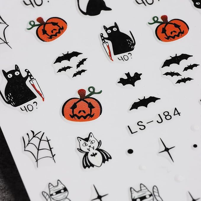 6 Sheets Halloween Nail Art Stickers 3D Cute Ghost Nail Decals Pumpkin Skull Cat Spooky Spider Web Bat Self-Adhesive Design Gothic Nail Stickers Nail Art Supplies for Women Acrylic Nails Decorations