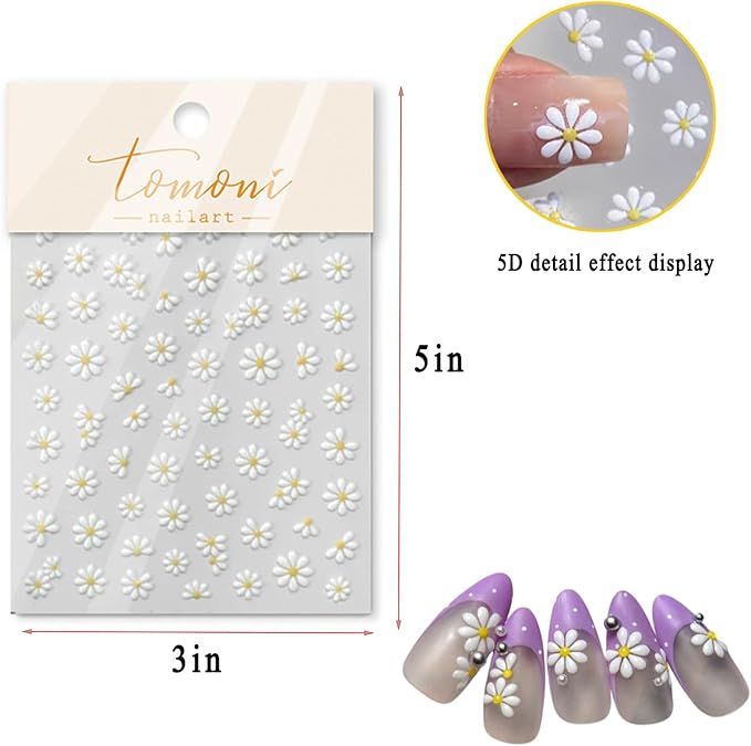 Flower Nail Stickers Self-Adhesive 5D Embossed Jelly Sliders Floral Petals Nail Art Stickers Decals Spring Summer White Daisy Floral Nail Design Stickers for Women Girls Manicure Decoration 1 Sheet
