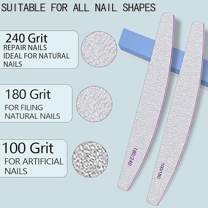 10Pcs Nail File Professional WAFOLOZE Nail Files Reusable Double Sided Emery Boards(100/180&180/240 Grit) Nail Styling Tools for Home and Nail Files for Acrylic Nails Salon Use