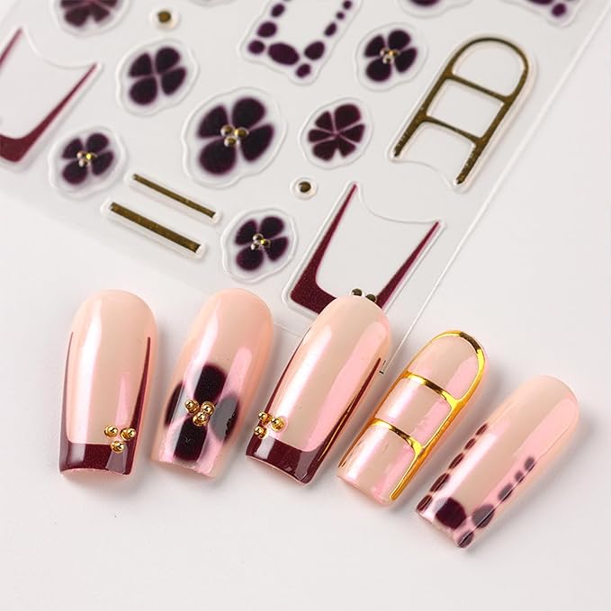 Leopard Print Nail Art Stickers Decals French Tip Nails Stickers 5D Embossed Flower Nails Decal Self-Adhesive Nail Art Decal for Women Manicure Decor
