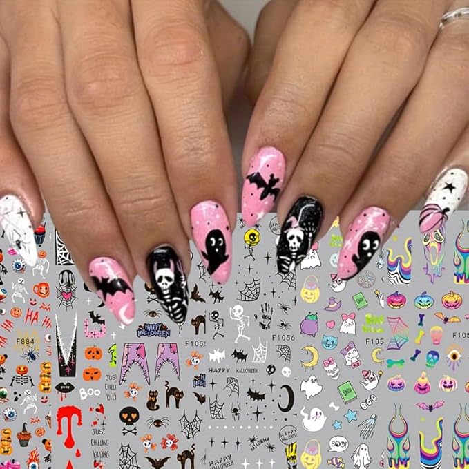 5 Sheets Halloween Nail Art Stickers 3D Self-Adhesive DIY Nail Decal with Cute Ghost Pumpkins Skull Spider Web Design Nail Art Stickers Decal for Women Girls Halloween Nails Decoration Accessories