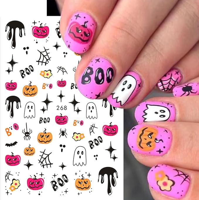 6 Sheets Flower Halloween Nail Art Stickers Colorful Ghost Nail Stickers Pumpkin Nail Decals Spider Web Tree Star Orange Design Cute Nail Sticker for Nail Art for Women Decoration Holiday Manicure
