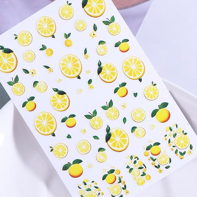 6 Sheets Fruit Nail Art Stickers Decals, 3D Self-Adhesive Embossed Lemon Strawberry Blueberry Stickers Nail Stickers for Women DIY Summer Manicure Decorations