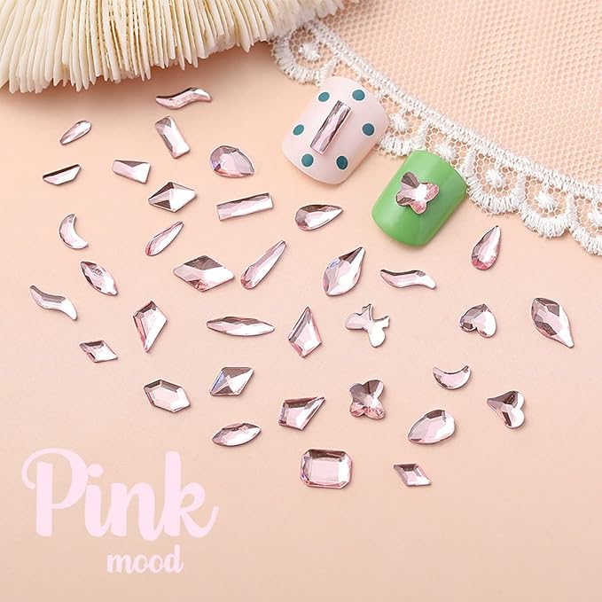 3080Pcs Pink Nail Rhinestones 120 Multi Shapes Flatback Rhinestones Big Gems +2960 Light Pink Round Beads K9 Glass Stones Diamonds jewels Crystals for Nails Faces Eyes Makeup Clothes Crafts DIY
