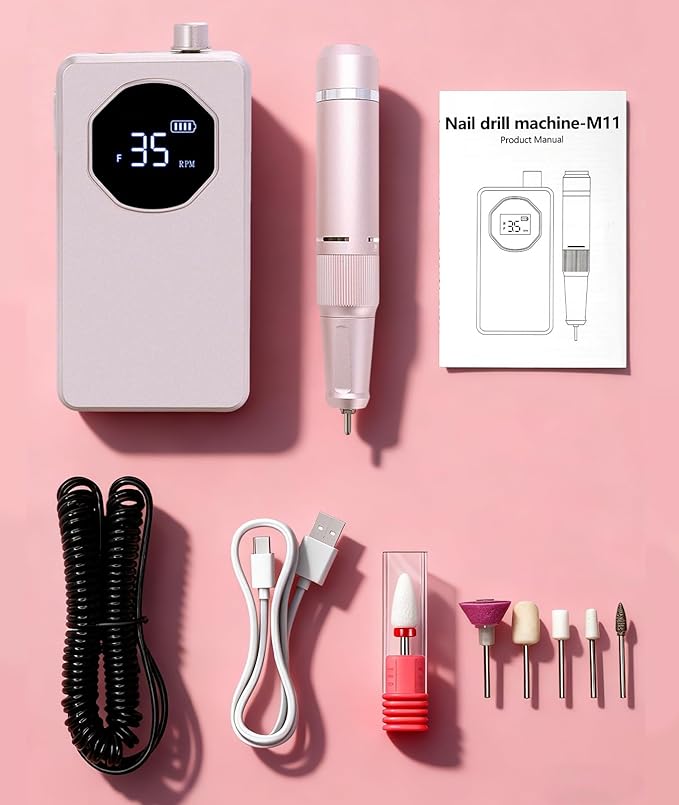 Professional Portable Nail Drill Machine, 35000 RPM Electric Nail File with LCD Display, Reversible Cordless Nail Grinder for Manicure & Pedicure, Type-C Fast Charging