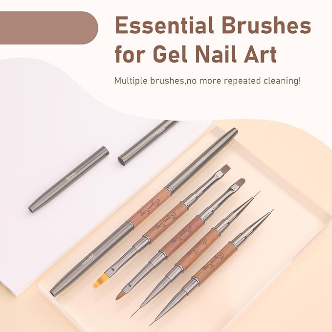 Nail Art Bushes Set - Professional 5Pcs Double-Ended Nail Brush for Art, Long Lines, Ombre & 3D Design Nail Brush Pen for Gel Polish Manicure DIY Home Salon