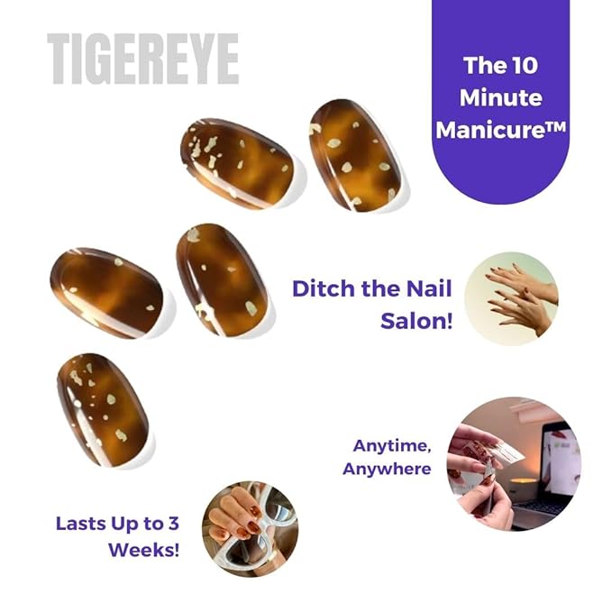 NOVA, Female Founded, Semi Cured Gel Nail Strips (Tiger Eye) - The 10 Minute Manicure. Salon-Quality, Works w/Any Lamp - Incl. Nail File & Wooden Stick (Tigereye Tortoise Nails)