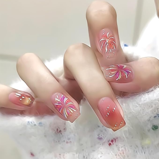 Glitter Firework Nail Art Stickers - Celebrating The New Year, 4th of July Shining Starry Sky Self-Adhesive Nail Decals for DIY Patriotic Independence Day Memorial Day Manicure (3 Sheets)