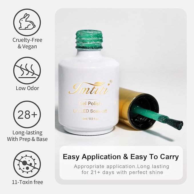 Imtiti Glitter Gel Nail Polish, Sheer Shimmer Glitter Green 3 in 1 Gel Polish Color Soak Off UV LED Spring Summer Nail Gel Polish Nail DIY Art Starter Manicure Salon, 0.5 Fl Oz