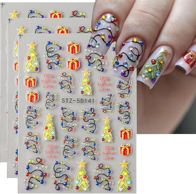 Christmas Nail Stickers 5D Embossed Nail Decals DIY Self Adhesive Nail Design Sticker Christmas Tree Nail Decoration Supplies Holiday Manicure Accessories for Women Girls 3Pcs