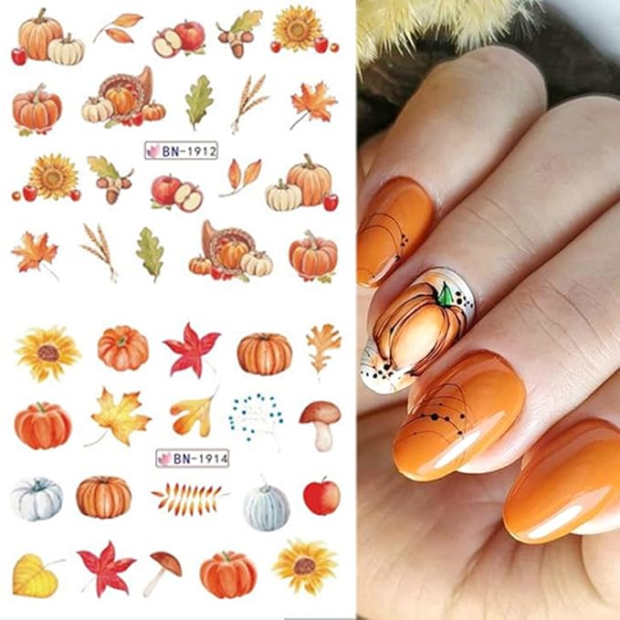 12 Pcs Fall Nail Art Stickers Maple Leaves Nail Art Water Transfer Decals Autumn Thanksgiving Turkey Pumpkin Design Nail Foil Stickers Fall Nail Supplies for Women Acrylic DIY Manicure Decorations