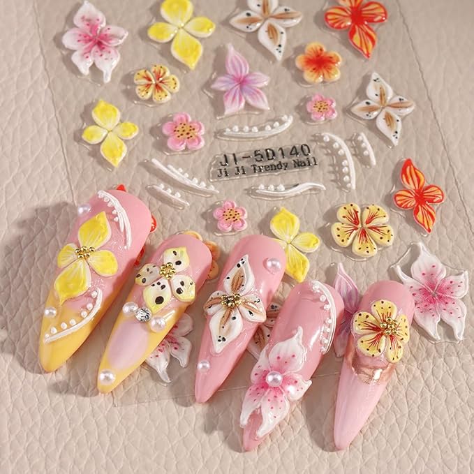4 Sheets Embossed Flower Nail Art Stickers - Self-Adhesive Nail Decals, Colorful Floral Petals, 5D Acrylic Carved Design for Women & Girls Manicure Decoration