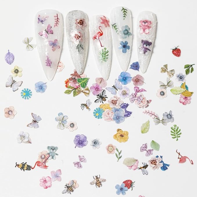 600Pcs 3D Flower Nail Art Charms Bee Bear Sequins Decals Colorful Mixed Bows Letters Design Slice Nail Maple Leaves Ultra Wood Pulp Flakes Sequins 4