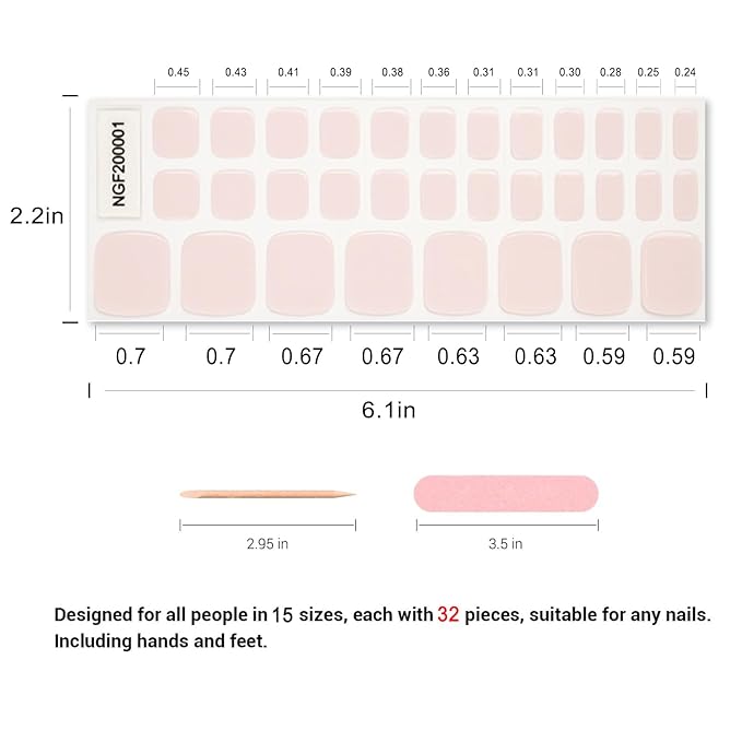 Semi Cured Gel Toenail Strips, 32 Nude Gel Toenail Stickers - Works with Any UV Lamps Pedicure Strips Full Nail Wraps with Nail File & Wood Stick
