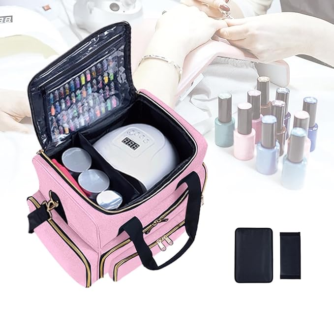 Nail Polish Organizer Case Holds 80 Bottles(15ml/0.5fl.oz) Portable Travel Storage Box with 2 Detachable Bags, Designed for Women's Nail Tools, Essential Oils and Cosmetics Sets(Pink)