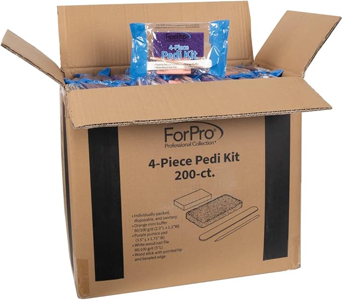 ForPro 4-Piece Pedi Kit, 200-Count, Individually-Packed Pedicure Set, Purple Pumice Pad, White Wood Nail File 80/100 Grit, Orange Mini Buffer 80/100 Grit, Wood Stick