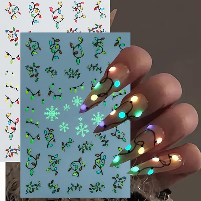 Christmas Nail Art Stickers Glow in The Dark Christmas Lights Nail Stickers 6PCS Luminous Colored Light Snowflake Santa Claus Xmas Tree 3D Self-Adhesive Xmas Nail Decals for Women Nail Art Decoration