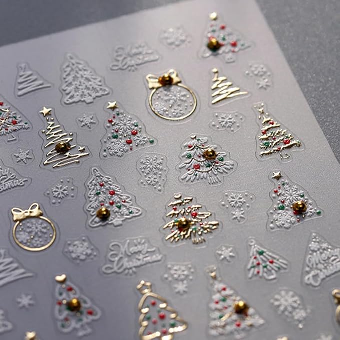 Christmas Nail Stickers 5D Embossed Xmas Tree Nail Decals with Rhinestones Snowflake Winter Nail Design Self-Adhesive Holiday Nail Art Decoration for Women Girls Nail Art Decoration