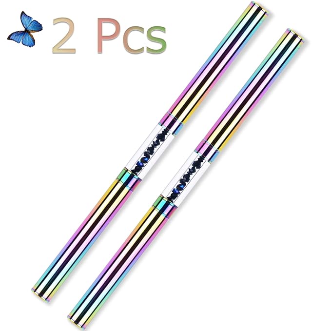 2Pcs Dual-ended Nail Design Brushes Rhinestone Handle UV Gel Nail Brush Set Professional Nail Art Tools Rainbow