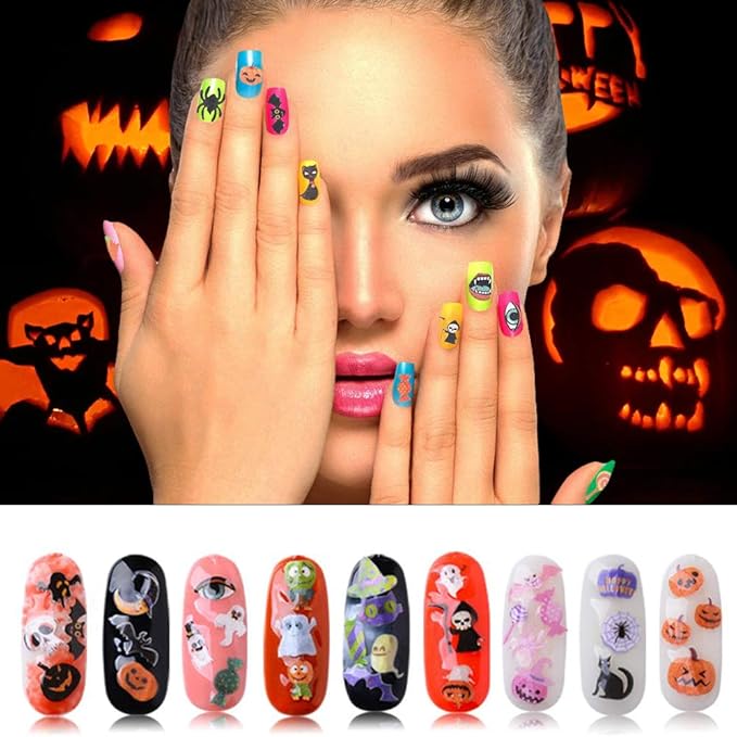 Kalolary 8 Boxes Halloween Nail Art Sequins 3D Nail Art Decals Stickers, Halloween Pumpkin Witch Bat Nail Arts Decals Manicure DIY Decoration Tools