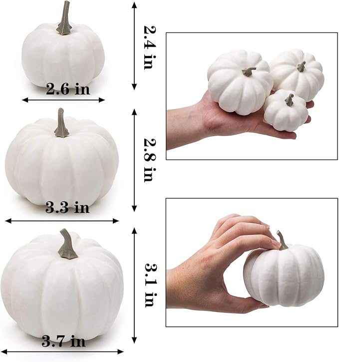 Ogrmar 12 Pack Artificial Assorted Pumpkins, Mini Fake Pumpkins Artificial Vegetables for Halloween,Harvest Thanksgiving Party Decor (White)