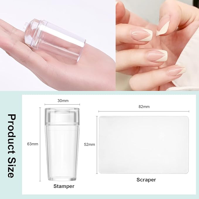 X&D Nail Art Stamper Clear Jelly Nail Art Stamping Transparent Silicone Rubber Nail Polish Stamper with Acrylic Scraper, Spare head Kit for French Tips and Transfer Images