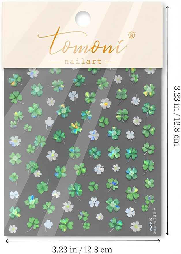 Clover Nail Stickers 5D Embossed – Premium Salon-Quality Nail Charm Accessories, Easy Application & Self-Adhesive Spring Green Lucky Four Leaf for DIY Manicure, Nail Art, Press on, Home or Salon Use