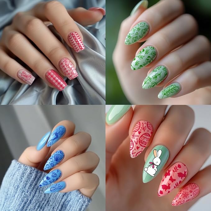 PH PandaHall 5pcs Easter Rabbit Nail Art Templates, Egg Vegetable Nail Stamping Plate Wreath Texture Nail Art Stencils Stainless Steel Nail Image Plates for Nail Design Print Manicure Salon