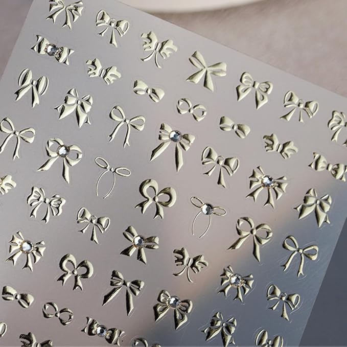 5D Embossed Bow Nail Stickers - Gold Bow Nail Art Decals with Rhinestone Knot Designs for Women's Manicure