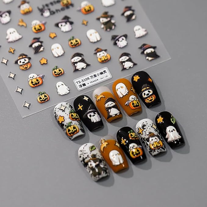 5D Embossed Halloween Nail Stickers Cute Ghost Pumpkin Nail Decals Self-Adhesive Halloween Nail Supplies Pegatinas Uñas Stars Leaf Design Fall Nail Art Stickers for Women Girls DIY Manicure 1Sheets