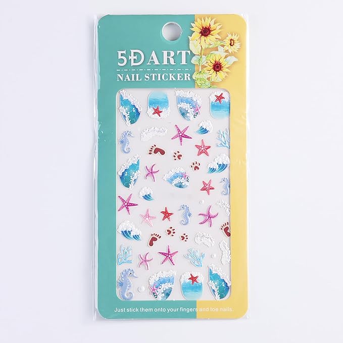 1 Sheets Ocean Style Nail Decals for Nail Art Embossed Coral Seahorse Starfish Nail Art Stickers Summer Beach Nail Stickers 5D Self-Adhesive Sea Waves Nail Decoration for Women Nails Designs