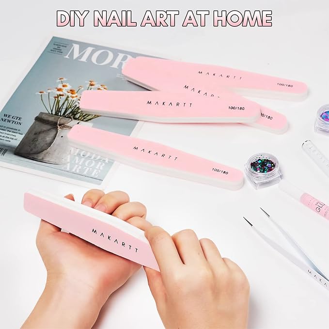 Makartt Nail Buffer Block, 100/180 Grit Sponge Nail Files, 10pcs Double Sides Pink Nails Sanding Filer for Acrylic Gel, Professional Manicure Art Buffering Kit for DIY Salon Use
