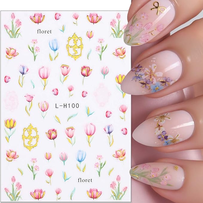 6 Sheets Flower Nail Art Stickers 3D Self Adhesive Spring Summer Nails Decals Butterfly Tulip Cherry Blossom Design Flower Nail Stickers Floral Sticker for Women Daily Manicure Supplies