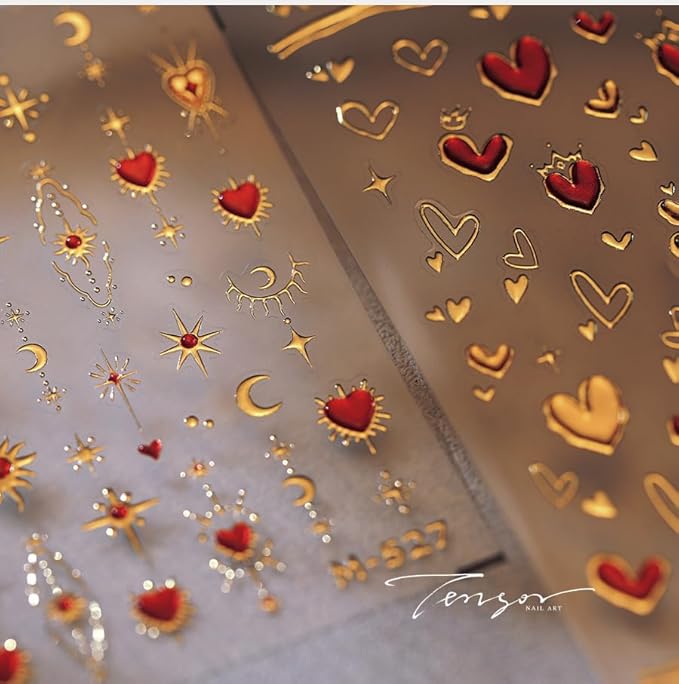 5D Embossed Gold Star Nail Stickers - Red Heart & Moon Nail Art Stickers for Valentine's Day DIY Manicure