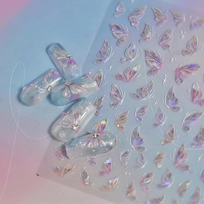 6 Sheets Butterflies Nail Art Stickers, 3D Self-Adhesive Shining Aurora Shell Nail Decals for Women, Laser Butterfly Design for DIY Nail Supplies Decoration