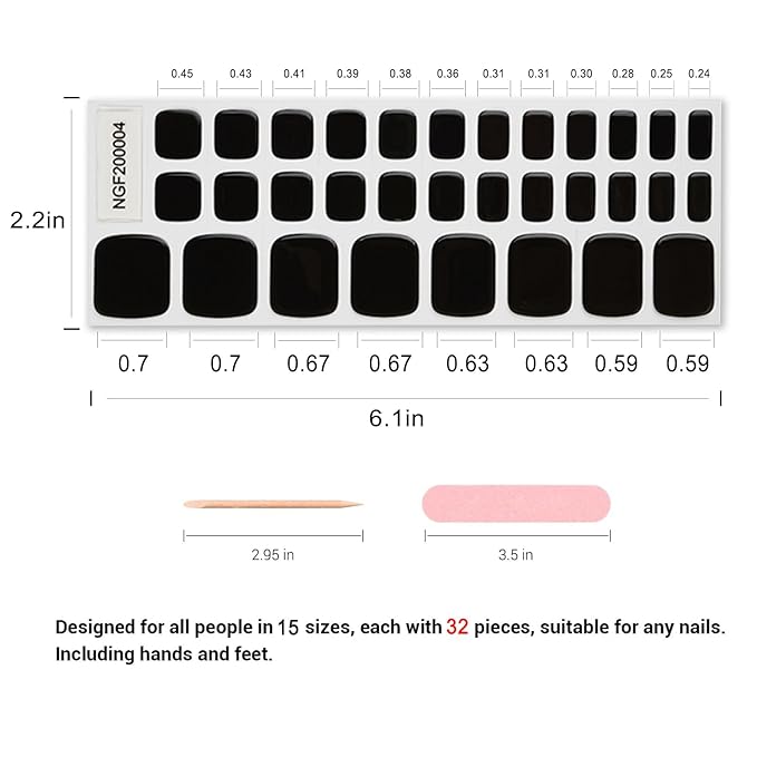Semi Cured Gel Toenail Strips, 32 Black Gel Toenail Stickers - Works with Any UV Lamps Pedicure Strips Full Nail Wraps with Nail File & Wood Stick