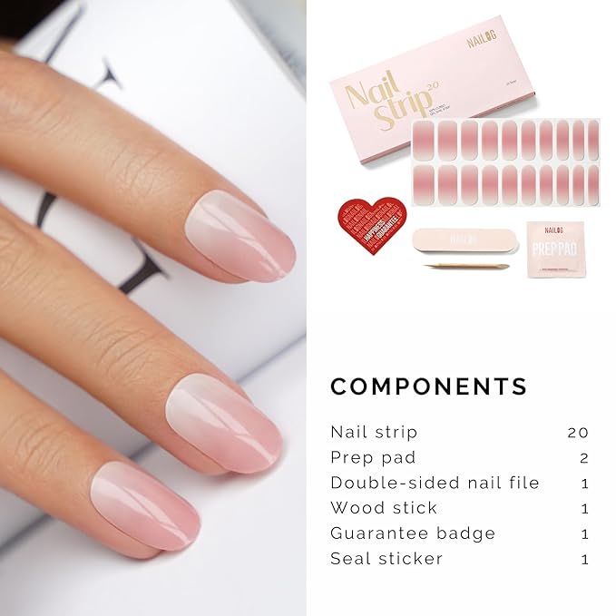 Semi Cured Gel Nail Strips - NAILOG 20 Pcs Clear Pink Gel Nail Stickers Extra Long Nail Wraps with Glossy Gel Finishing for Spring Summer Gradient Color, Tutu