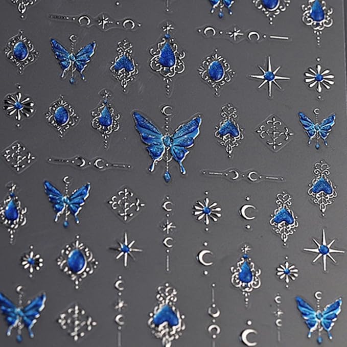 Butterfly Nail Art Stickers Decals Blue Butterfly Nail Decals 5D Embossed Nail Art Supplies Butterflies Star Moon Nail Stickers Shiny Nail Accessories for Women Girls Spring Summer Nail Art Decoration