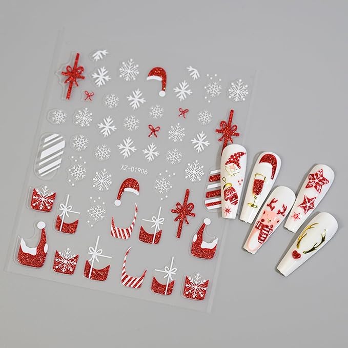 Christmas Nail Stickers - 10 Sheets 3D Nail Art Decals with Christmas Hat Snowflake Elk Red French Glitter Nail Decals Stickers - DIY Manicure Supplies for Women