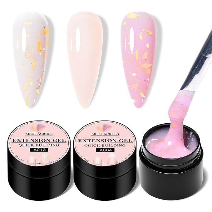 MEET ACROSS Poly Nail Gel 8Pcs Nail Extension Gel Set and Nail Extension Starter Kit for Beginners Nail Art DIY Home Gifts for Women (Pink + Gold Foil, 8pcs)