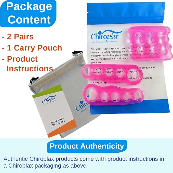 Chiroplax Gel Toe Separators Stretchers Spreader Spacer for Bunion Bunionette Relief Hammer Overlapping Toe Straightener Corrector (2 Pairs w/Pouch - Hot Pink)